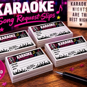 Può includere: Quattro pile di schede rettangolari bianche per richieste di canzoni karaoke con un'icona di microfono, note musicali e la silhouette di una folla. Il testo recita Karaoke Song Request Slip, Your Name, Song Title, Artist e Music Brings People Together.