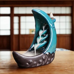 Ceramic Moon & Fish Backflow Incense Burner, Lucky Feng Shui Waterfall Burner, Backflow Incense Holder, Ceramic Incense Holder, Home Decor