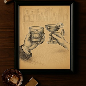 Cheers at the Bar Vintage Drink Art | Dekoracja ścienna wózka barowego | Wydrukowany rysunek kieliszków do koktajli | Speakeasy Digital Download
