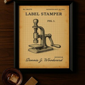 Vintage Label Stamper Patent Print | Industrial Bar Wall Art | Printable Machine Drawing | Bar Cart Decor | Digital Download Poster