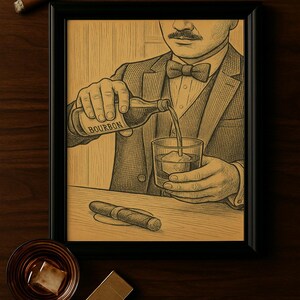 Wylewanie bourbonu Vintage Bar Art | Dekoracja ścienna salonu cygarowego | Wydrukowana ilustracja dżentelmena whisky | Cyfrowe pobieranie wózka barowego
