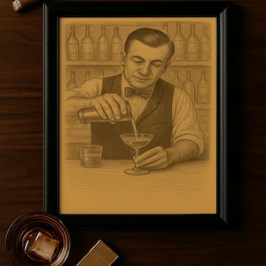 Barman nalewający koktajl | Wystrój wózka barowego | Sztuka ścienna do domowego baru | Wydruk Speakeasy | Vintage Digital Download