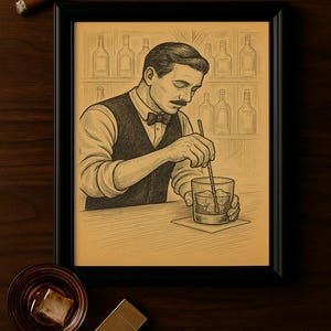 昔ながらのヴィンテージプリント | バーカートの装飾 | スピークイージーカクテルアート | バーテンダーのイラスト | デジタルウォールダウンロード