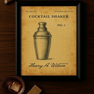 Vintage Cocktail Shaker Patent Print | Dekoracja wózka barowego | Sztuka ścienna miksologii | Plakat do wydrukowania na barze | Pobieranie cyfrowe Speakeasy