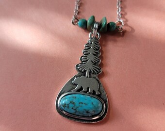 Turquoise, Bears ,Silver nature jewelry  bear necklace turquoise  pendant  handmade tribal totems gift ideas moon Heart bears,  art jewelry