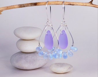 Sea glass bead hoop dangles, periwinkle,handmade, sea glass, tear drops, gift ideas, fun earrings.Glass beads Silver earrings.Summer jewelry