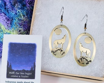 wolf jewelry. gold, animal totem wolf, howling wolf, art jewelry, handmade earrings, native american,indian jewelry, gift,wearable art