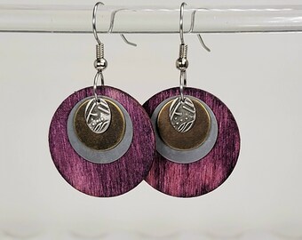 Purple,wine color earrings, gifts ideas, renewable wood jewelry, handmade earrings, moon heart studios, nature jewelry,accessories, silver,