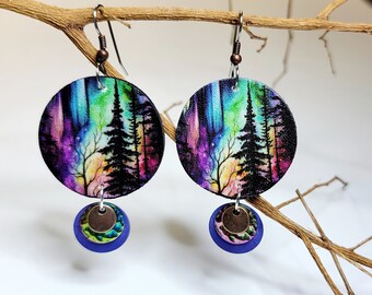 Trees, faux leather nature jewelry, aurora, rainbow titanium, gift ideas, handmade earrings, metal, bohemian danglesaccessories trees