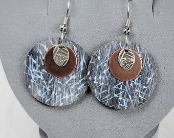 Natural grey tone earrings, gifts ideas, renewable wood jewelry, handmade earrings, moon heart studios, nature jewelry,accessories, copper