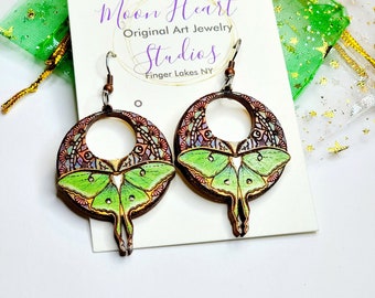 Luna moth earrings, hand painted original art moth earrings, moonheartstudios, wood, wearable art nature gifts for women, insects, butterfly