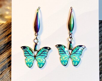 Butterfly charm earrings, Rainbow metal jewelry, animal totem butterfly, nature jewelry,  jewelry, gift ideas, dangle earrings. Turquoise