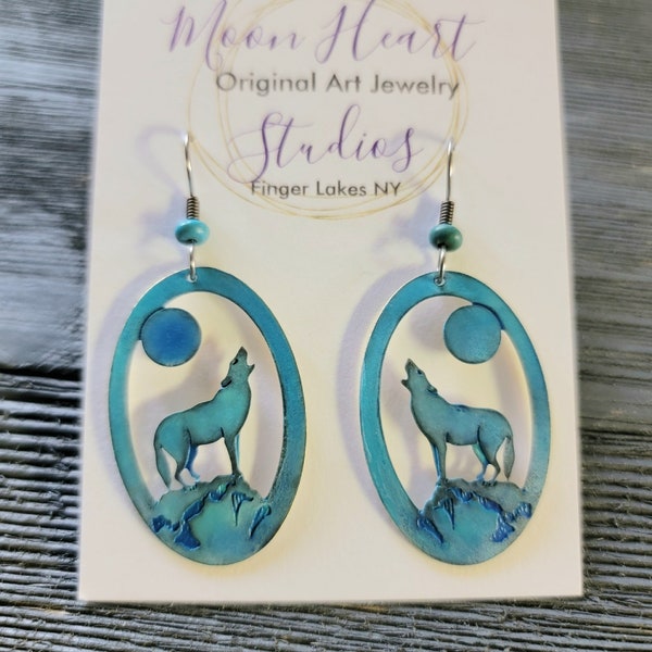 wolf jewelry, turquoise , animal totem wolf ,  howling wolf,  art jewelry,  handmade earrings, native american, indian jewelry, art gift