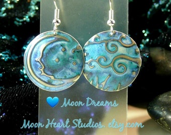 moon heart studios, moon earrings, metal earrings, embossed, nature gifts, celestial, stars and moon, blue, turquoise, hippie gift ideas,