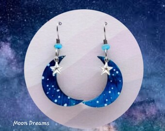 Moon earrings, small, Hand painted, stars, silver, handmade, starry sky, accessories moons, moon heart studios, gift for her,  moon ,stars