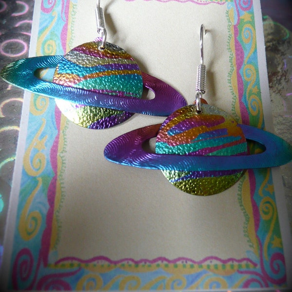 Saturn jewelry,  planet earrings , cosmic, niobium, handmade earrings,gift ideas, nature, hypoallergenic, peacock colors, rainbow metal