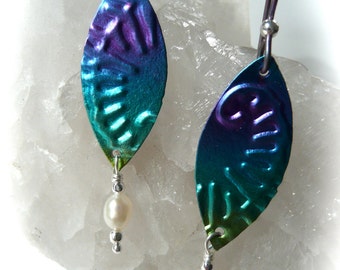 Niobium jewelry, niobium metal, floral gift design. embossed- pearls- peacock color -- handmade earrings, handmade metal earrings, holiday