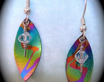 Niobium, crystal jewelry,  handmade earrings, multi colored , peacock colors, rainbow earrings, swarovski crystals, moon heart studios, gift