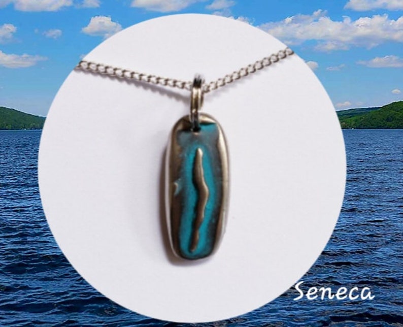 SENECA lake, finger lakes jewelry, gift idea, grandma gift, nature jewelry, pendant. Lake jewelry ,turquoise, Custom blue green patina, image 1
