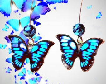 Blue morpho butterfly earrings  butterfly,totem butterfly, nature jewelry, wildlife jewelry, gift ideas, long dangle earrings