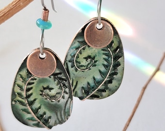 Ferns, jewelry, gifts, earrings, embossed jewelry green patina, handpainted earrings, moon heart studios,nature. Spirals, accessories plants