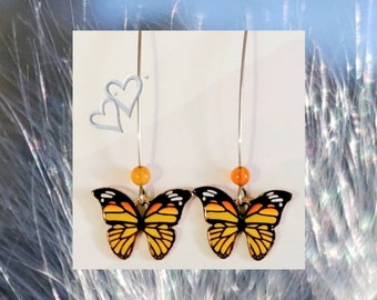 Monarch butterfly earrings nature jewelry, citrine natural stone jewelry, gift ideas, long dangle earrings, free shippping