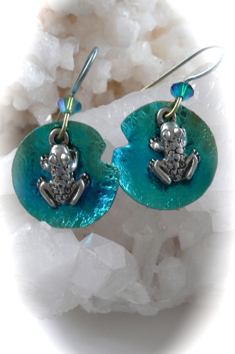 Frog Lily Pad Earrings Niobium Handmade Jewelry Nature Etsy