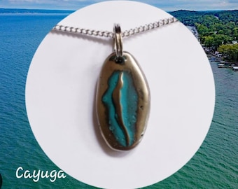 CAYUGA Lake, fingerlakes jewelry, gift for wife, mother,daughter, nature jewelry, pendant. Lakes turquoise. Custom blue green patina,