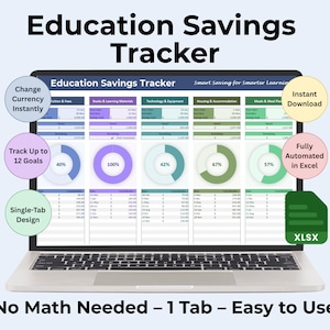 Puede incluir: Una pantalla de portátil muestra una hoja de cálculo "Education Savings Tracker". La hoja de cálculo presenta gráficos y tablas de datos, con etiquetas de texto como "Change Currency Instantly" y "Track Up to 12 Goals". El diseño es de una sola pestaña y totalmente automatizado en Excel.