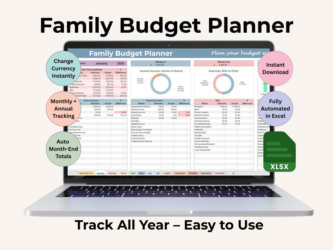 Family Budget Planner Excel Template: Monthly Finance Tracker (digital