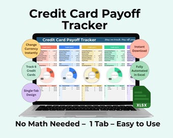 Seguimiento de pagos de tarjetas de crédito: Hoja de cálculo de Excel, reducción de deuda, seguimiento de pagos y gráficos de progreso, planificador de presupuesto (descarga digital)