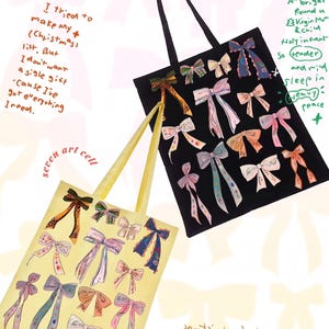 リボンボウキャンバストートバッグ、かわいい手描きのリボン、女の子向けの美しいショルダーバッグ、アート愛好家へのギフト、ユニセックスジムバッグ＆ピラティスギフトアイデア