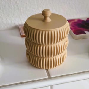 Può includere: Un contenitore beige impilato con coperchio e un piccolo pomello sulla parte superiore. Il contenitore ha un design a coste e poggia su una superficie piastrellata bianca. Il contenitore è probabilmente per la conservazione.