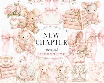 A New Chapter Begins Baby Shower Clipart, Grandmillennial Baby Library PNG, Pink Book Baby Shower Invitation Graphics