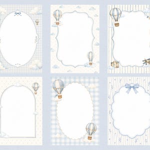Paquete de imágenes prediseñadas para baby shower "Up Up and Away", globo aerostático azul empolvado PNG, elementos y patrones de invitación para guardería en acuarela. imagen 6