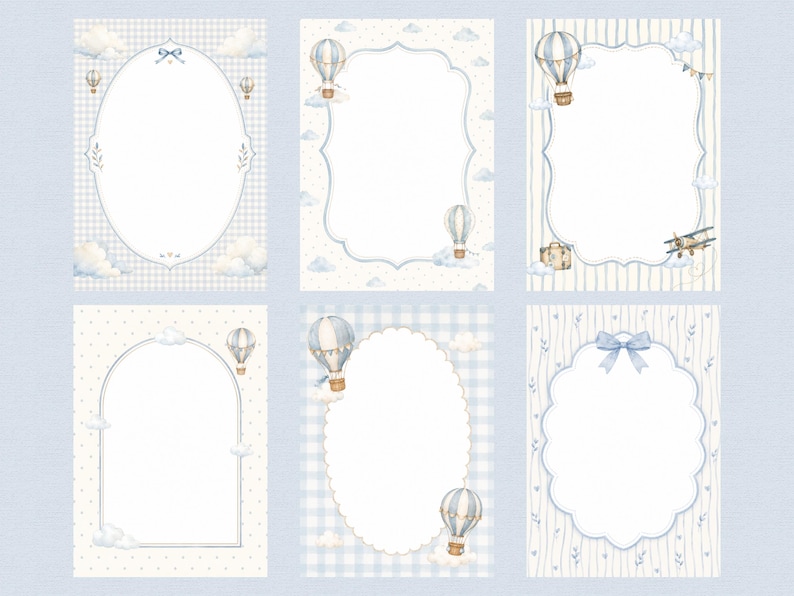 Paquete de imágenes prediseñadas para baby shower "Up Up and Away", globo aerostático azul empolvado PNG, elementos y patrones de invitación para guardería en acuarela. imagen 6