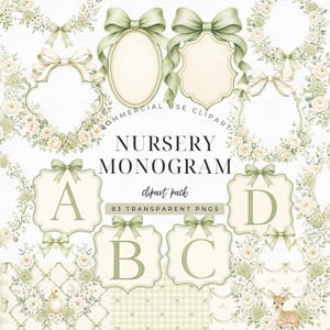 Puede incluir: Una colección digital de imágenes prediseñadas de monogramas para guardería con lazos verde salvia, coronas florales y marcos ornamentados. El set incluye las letras A, B, C y D, junto con ilustraciones de un cisne, un cochecito y un ciervo.