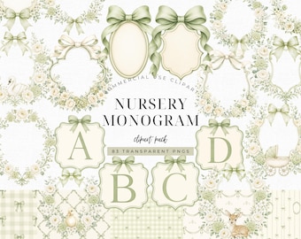 May include: A digital collection of nursery monogram clipart featuring sage green bows, floral wreaths, and ornate frames. The set includes letters A, B, C, and D, along with illustrations of a swan, a baby carriage, and a deer, all in a soft palette.