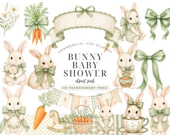 Bunny Baby Shower Clipart Bundle, Sage Green Watercolor Rabbit PNG, Carrot Nursery Bows, Frames, Invitation Creator Kit
