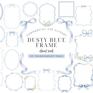 Può includere: Una collezione di cornici e nastri color blu polvere in varie forme, inclusi design ovali, rettangolari e smerlati. Alcune cornici presentano accenti floreali ad acquerello e fiocchi. Il testo recita COMMERCIAL USE CLIPART DUSTY BLUE FRAME clipart pack 35 TRANSPARENT PNGS.