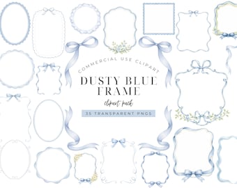 Dusty Blue Frame Clipart Bundle, Watercolor Invitation Frames, Baby Shower Invitation Frame PNG, Birthday Invitation Border Set