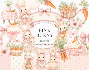 May include: A digital clipart collection featuring watercolor illustrations of bunnies, carrots, cakes, cupcakes, baskets, and floral arrangements in shades of pink and green. The central text reads COMMERCIAL USE CLIPART PINK BUNNY clipart pack.