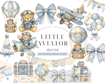 Little Aviator Baby Shower Clipart Bundle, Dusty Blue Watercolor Airplane PNG, Pilot Teddy Bear, Nursery Travel Invitation Elements