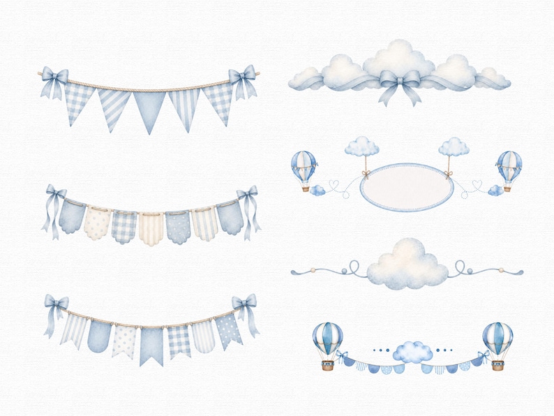 Puede incluir: Una colecci&oacute;n de ilustraciones en acuarela con elementos decorativos en azul claro y blanco, que incluye tres guirnaldas de banderines con lazos, un grupo de nubes con un lazo, un marco ovalado central con globos aerost&aacute;ticos y divisores.