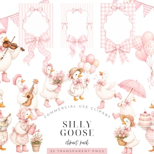 May include: A digital collection of illustrations featuring white geese in pink accessories, including bows, hats, and boots. The set includes geese playing instruments, holding flowers, balloons, and cakes, alongside decorative frames and bunting banners.