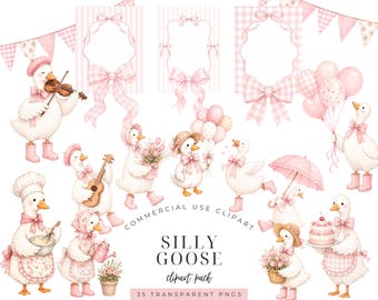 Pink Silly Goose Clipart Bundle for Baby Shower Invitation, Birthday Party Goose PNG, Cute Goose Balloons Bow Floral Nursery Clipart