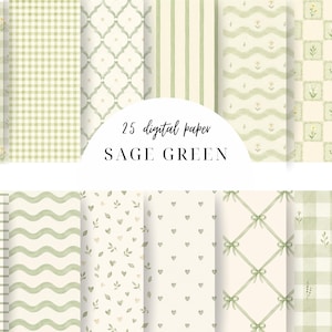 Puede incluir: Una colección de 25 hojas de papel digital en tonos verde salvia y crema, con varios patrones que incluyen cuadros vichy, rayas verticales, líneas onduladas, motivos florales, corazones pequeños y diseños de celosía con lazos. Texto 25 digital paper SAGE GREEN.