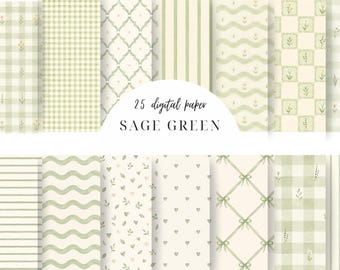 Sage Green Digital Paper Bundle, Watercolor Seamless Patterns, Gingham Floral Bow Stripe Backgrounds, Nursery Baby Shower Scrapbook