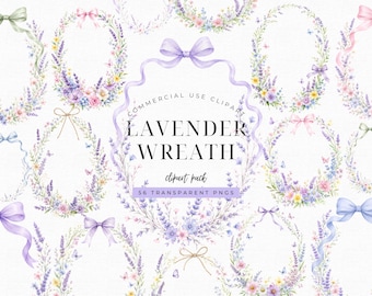 May include: A digital collection of watercolor lavender wreaths featuring various floral arrangements, small butterflies, and decorative ribbons in shades of purple, pink, and green. The text reads: COMMERCIAL USE CLIPART LAVENDER WREATH clipart pack 56 TRANSPARENT PNGS.