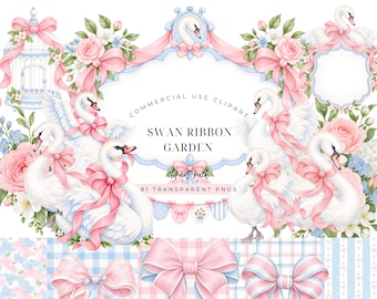 Swan Ribbon Garden Baby Shower Watercolor Clipart, Pink Bow Swan PNG, Floral Nursery Invitation Graphics, Digital Download
